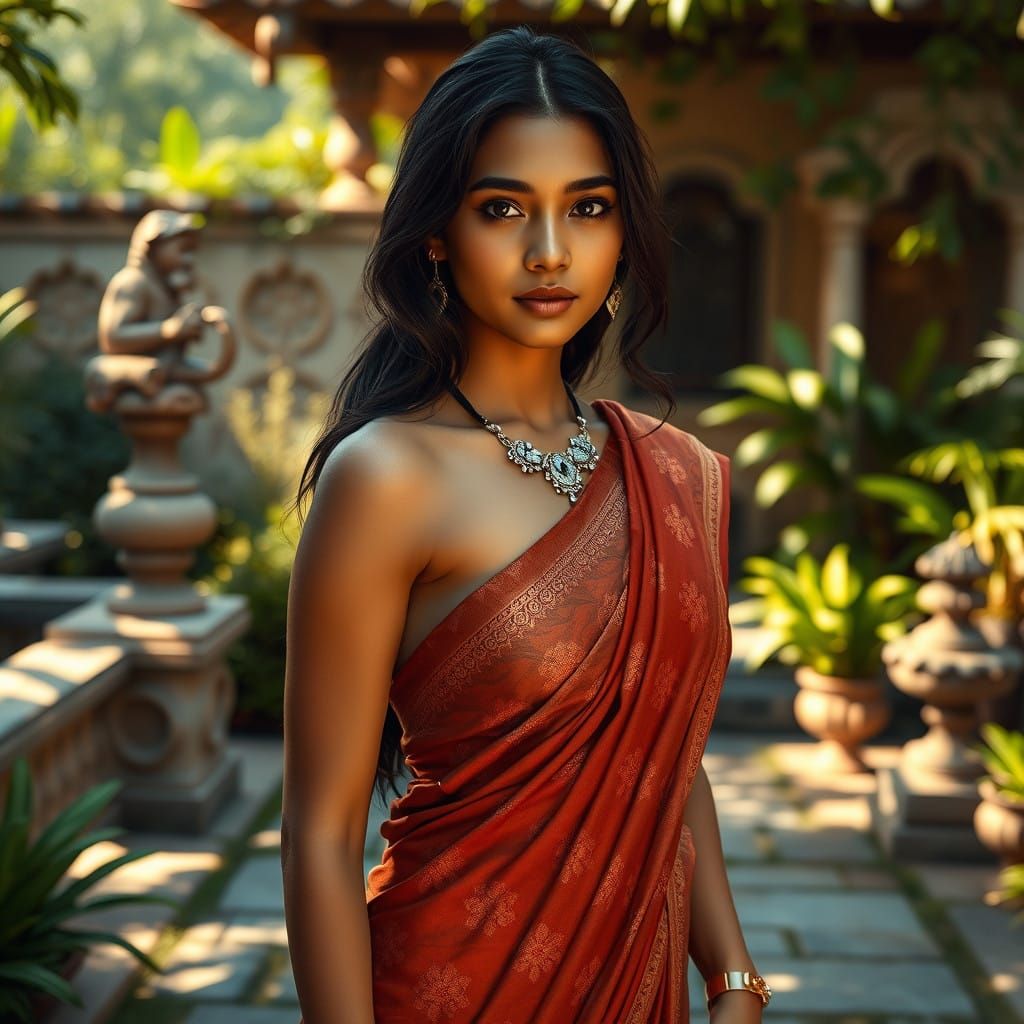 Confident Young Woman in Sunlit Garden, South Asian Beauty