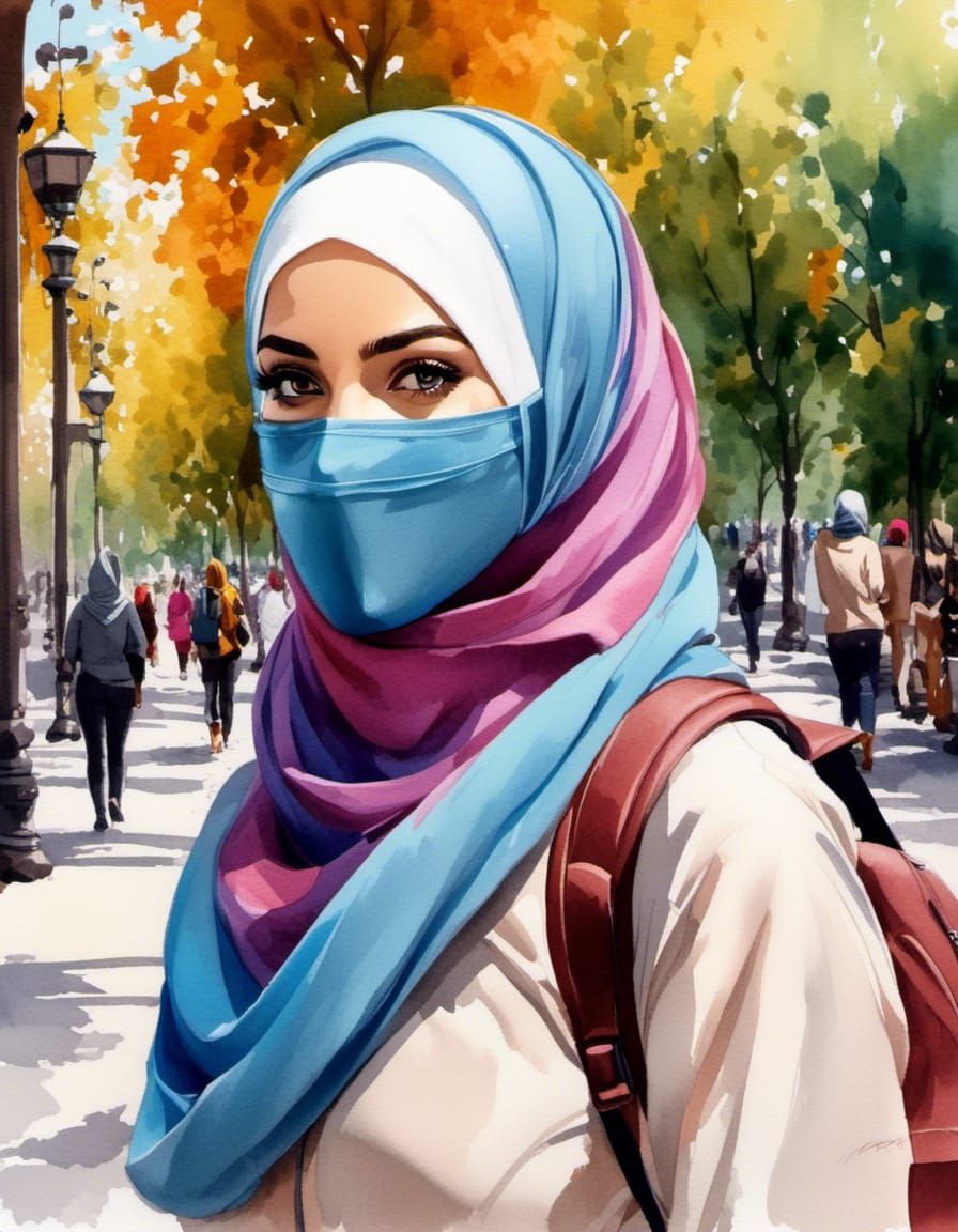 European Hijabi Sportswoman in Alpine Mountains, Watercolor