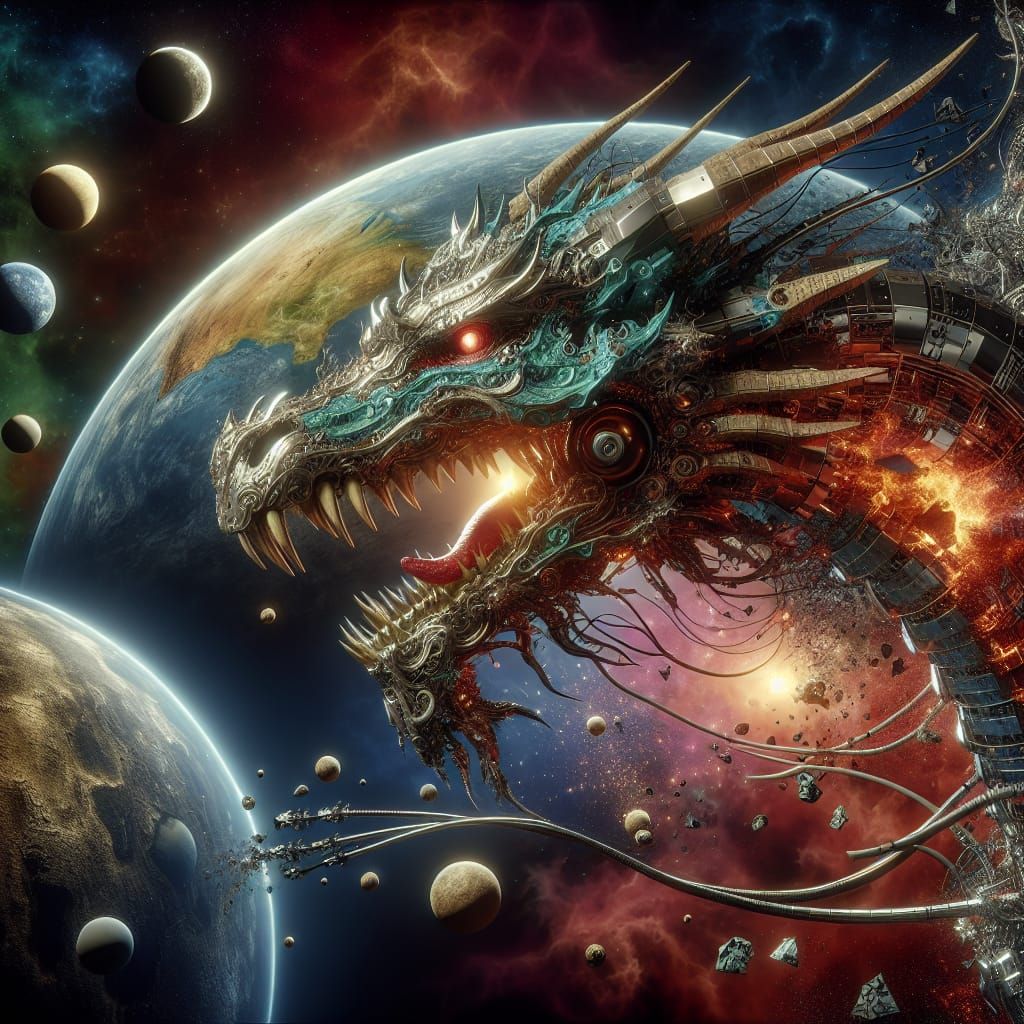 A medieval dragon mixed with artificial intelligence with cyborg properties destroying a planet, intricately designed an...