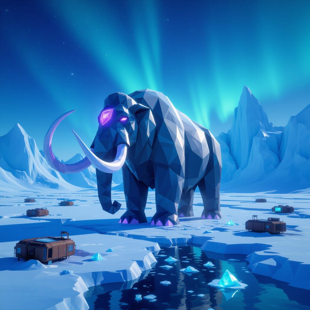Low-Poly Cryo-Harvester Mammoth on Ice Shelf