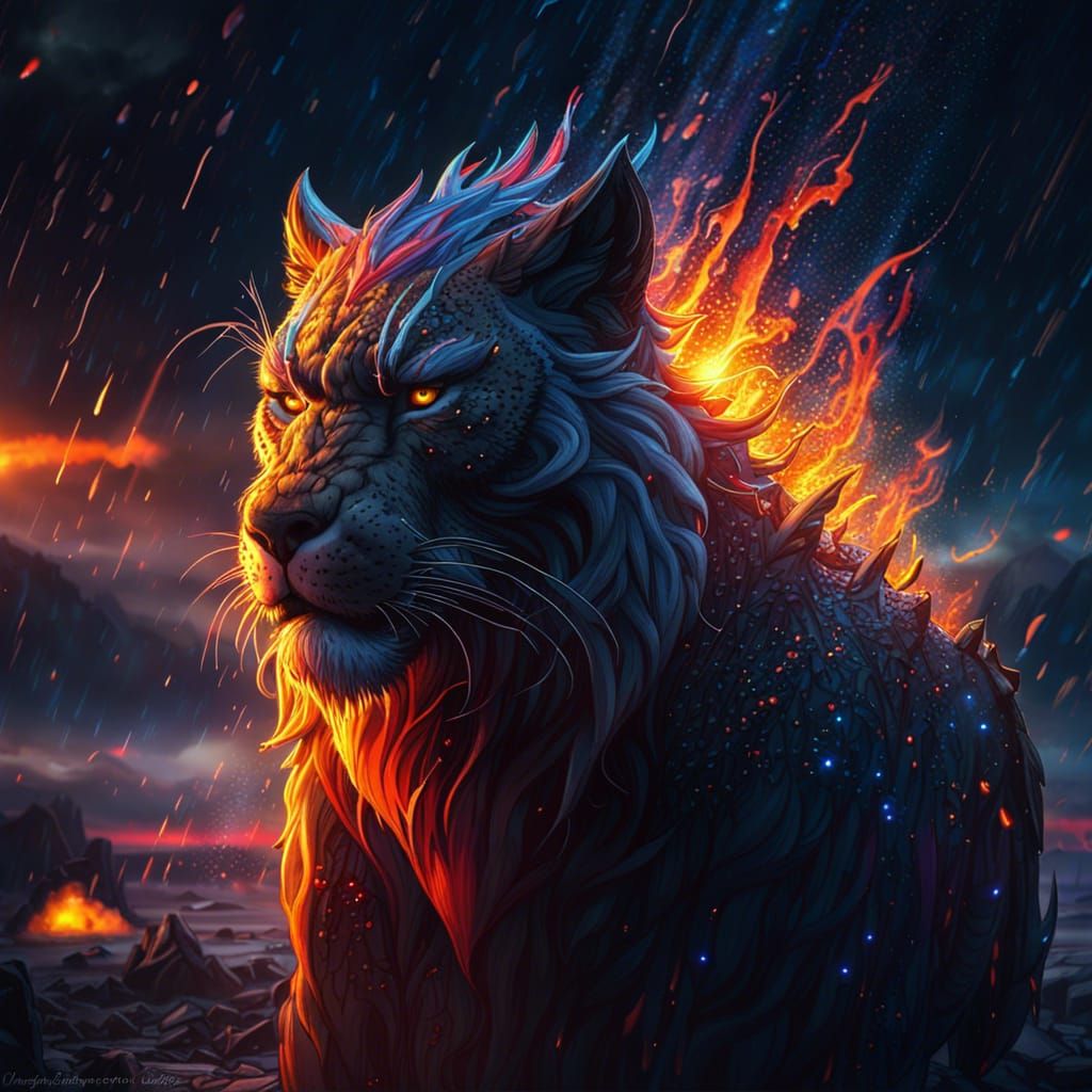 Fantasy Sabertooth in Glittering Rainstorm at Sunset