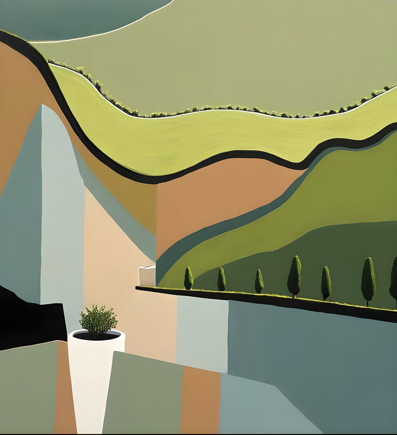 Minimalist Painting of Potted Plant Overlooking Lake