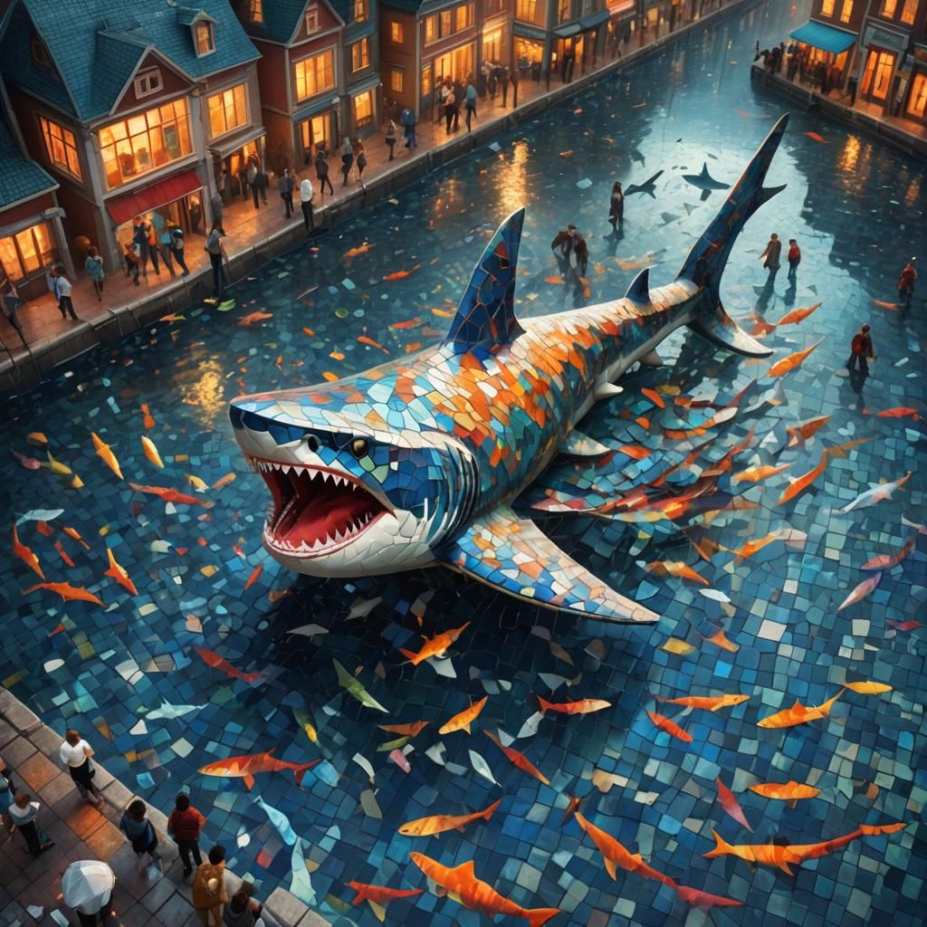 Mosaic Shark Attacks Humans in Flooded City