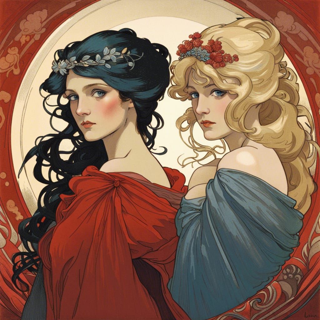Elegant Women in Gowns, Art Nouveau Style