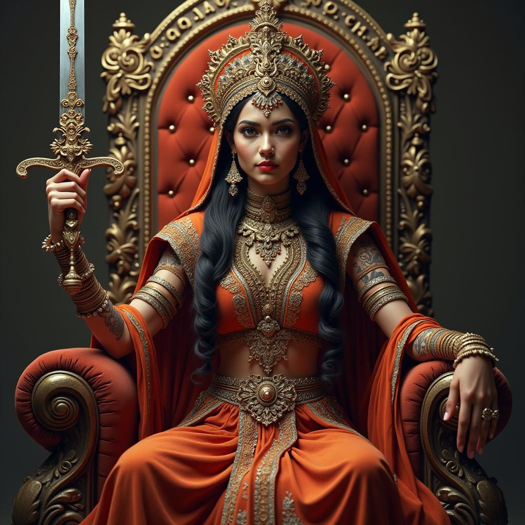 Indian Princess on Throne with Sword: Fantasy Art