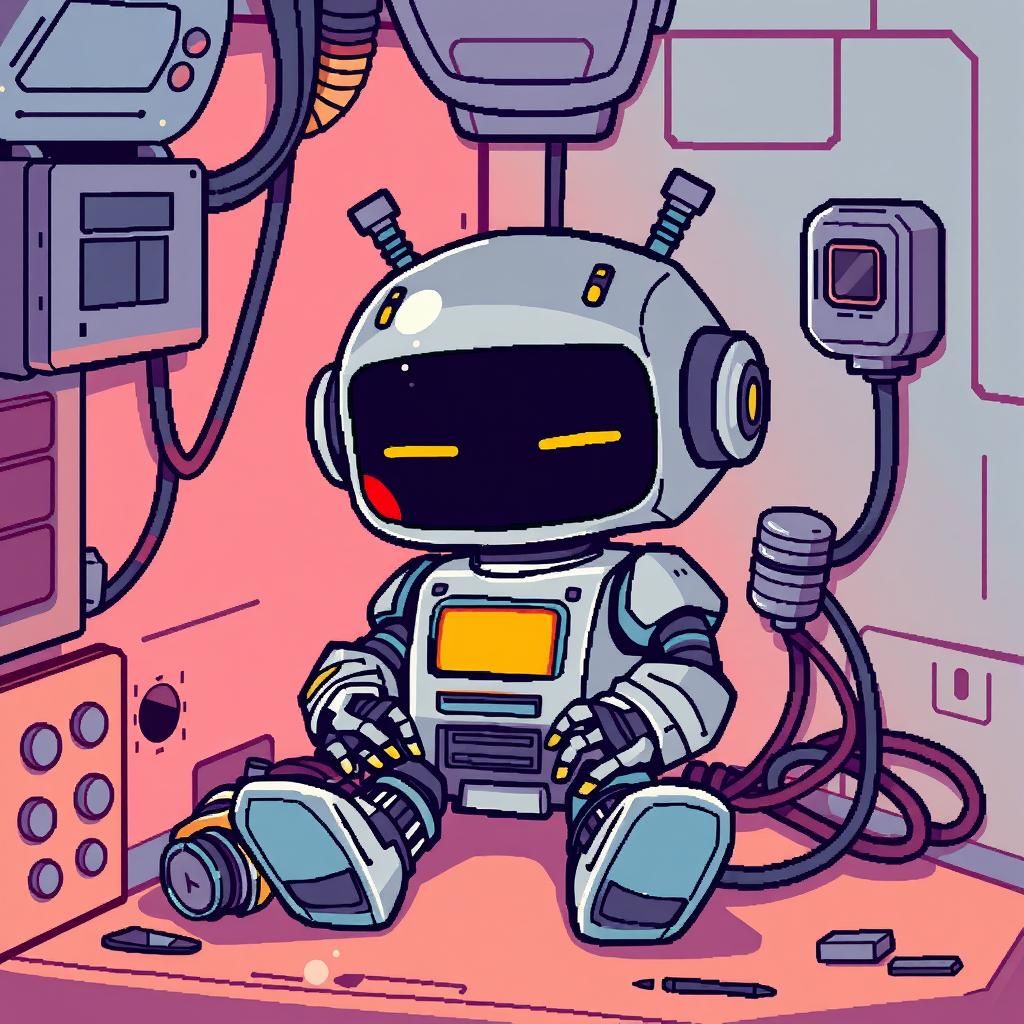 Chibi Robot Relaxing in 8-Bit Pixel Art
