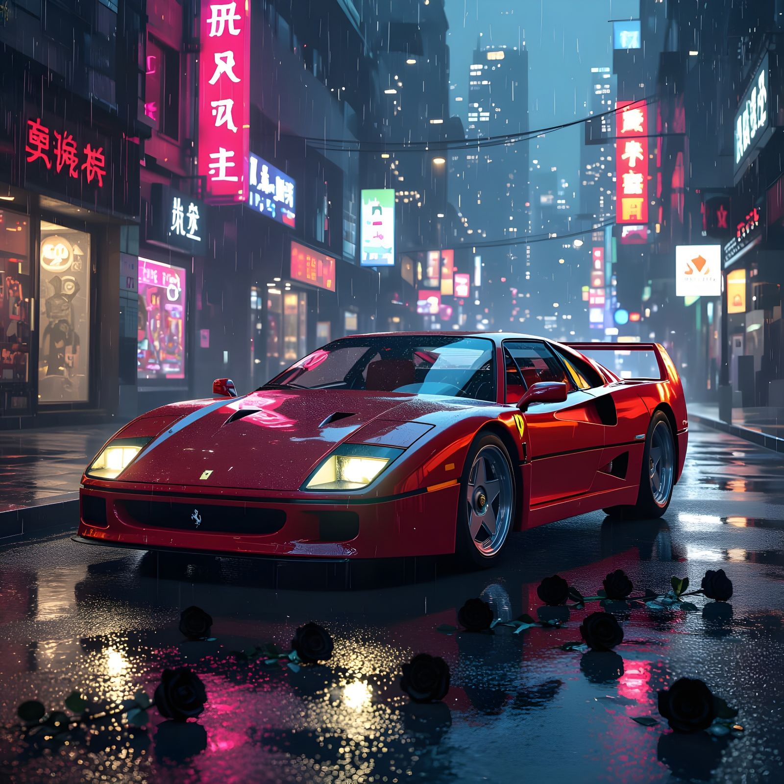 Cyberpunk Ferrari F40 with Black Roses