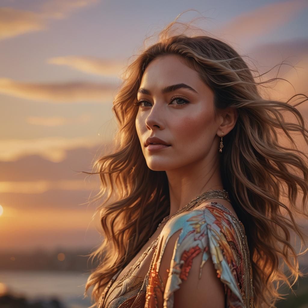 A hyperrealistic mid-shot of a celebrity at sunset
