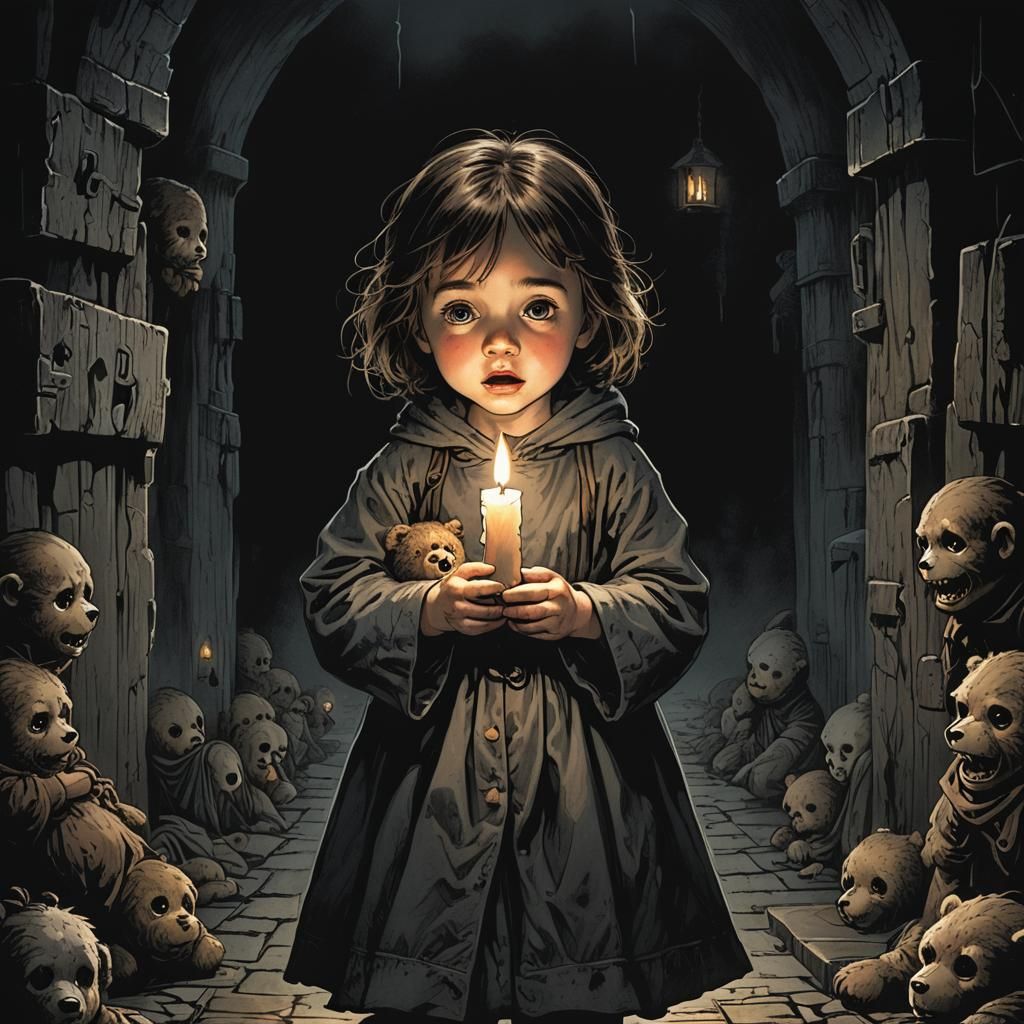 Terrified Child in Dungeon with Teddy Bear