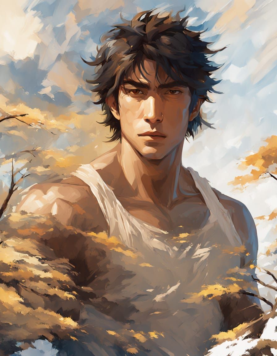 Man in Loincloth at Sunset as Oil Painting