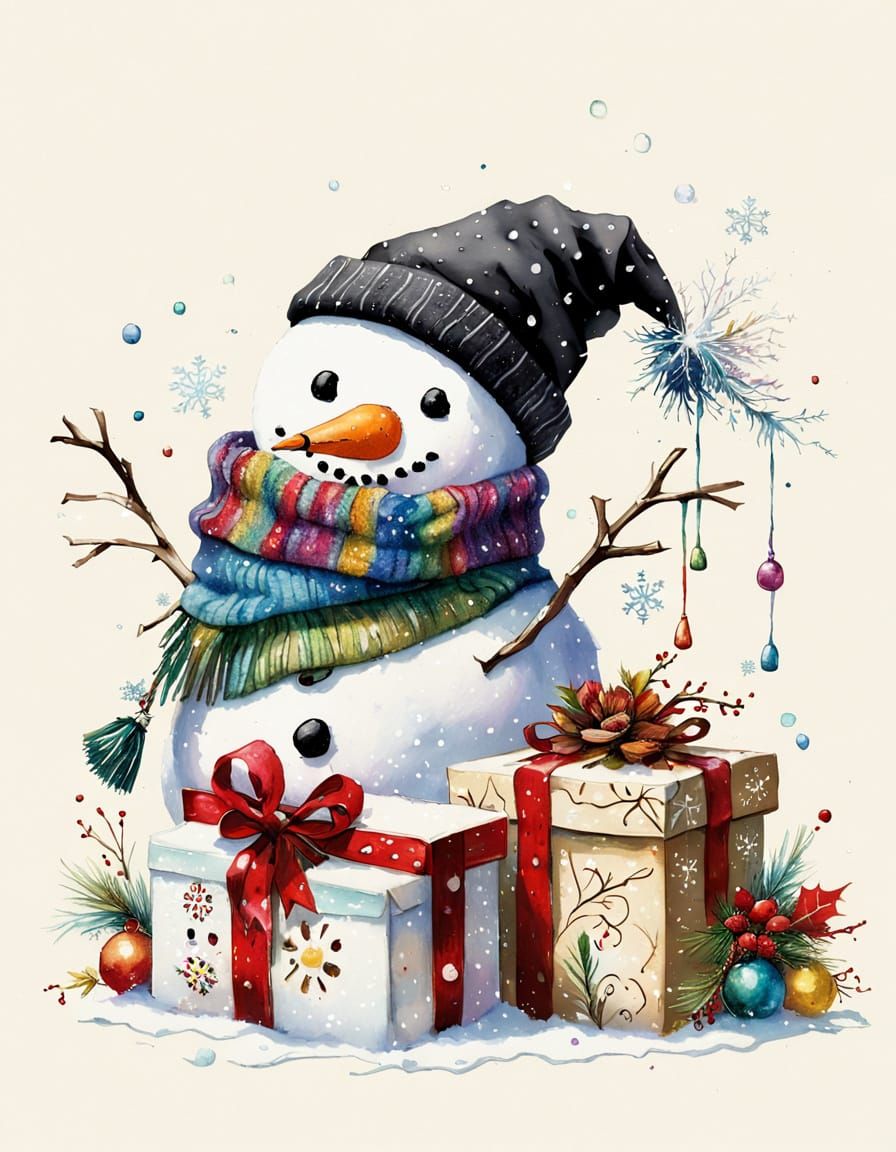 Elegant Snowman in Festive Wonderland Holding Gift