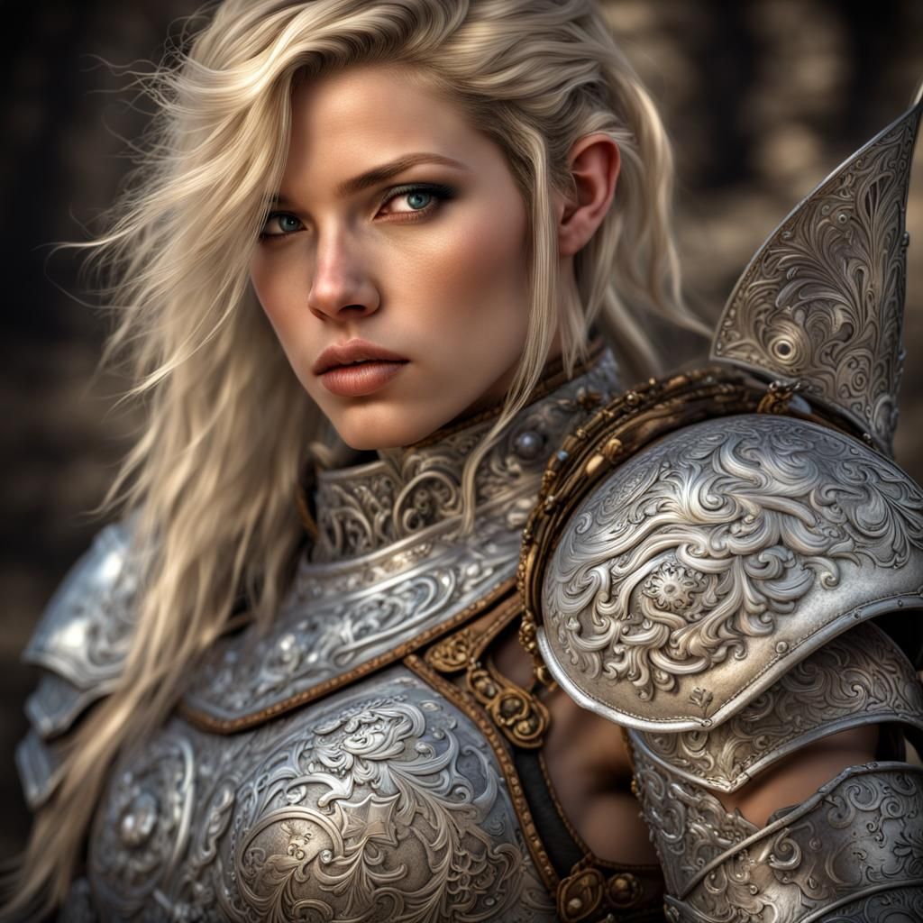 Elven Warrior Princess in Silver Armor, Hyperdetailed