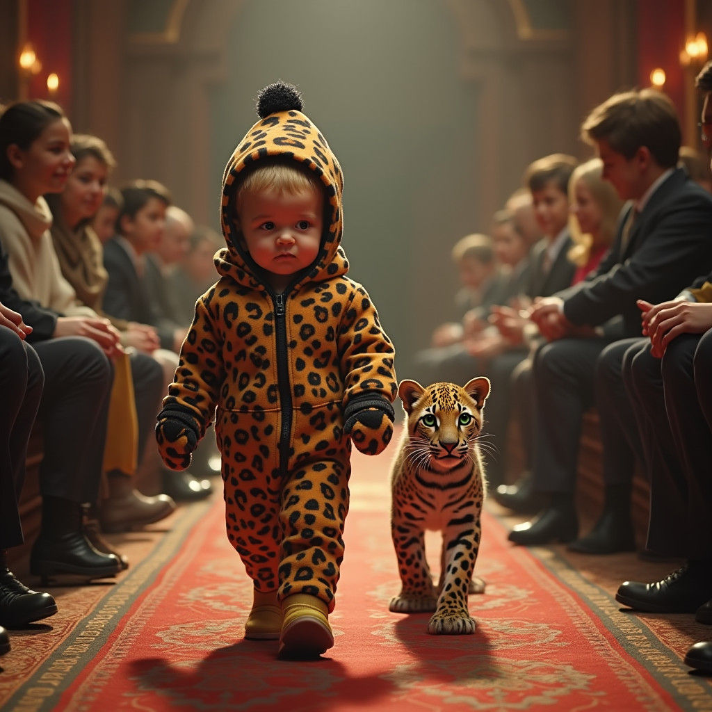 Child and Leopard Walk Podium in Dreamlike Matte Painting