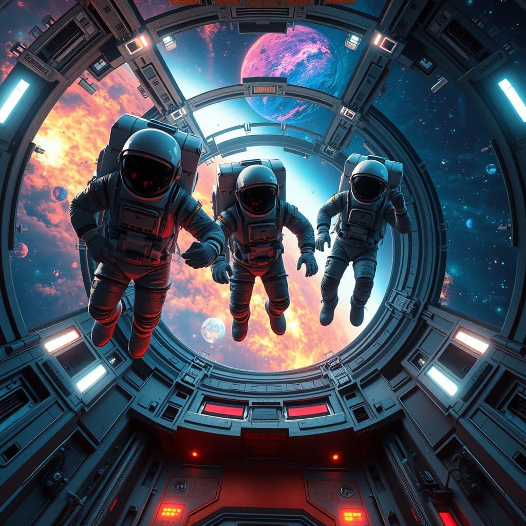 Surreal Zero Gravity Scene in a Cosmic Spaceship