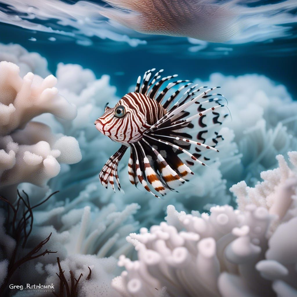 Diver and Lionfish Swimming in Clouds: Professional Photogra...
