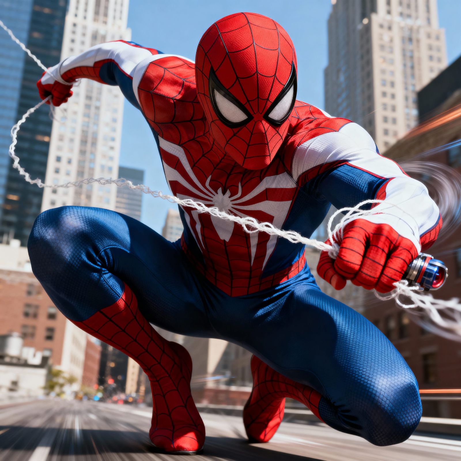 Spiderman in Red, White, and Blue Suit Slings Web