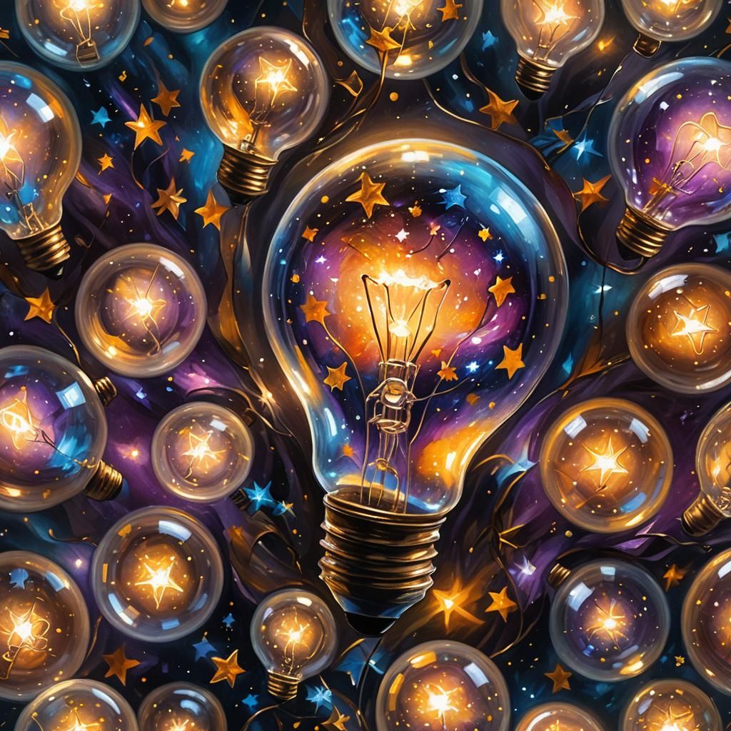 Glowing Lightbulb Filled with Stars: Surrealist Oil Painting