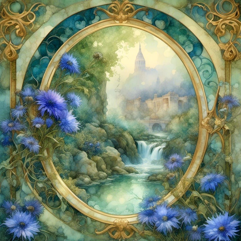Waterfall and Cornflowers