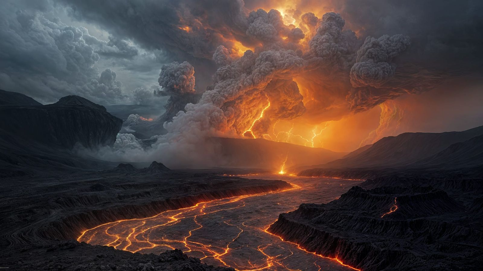 Stormy Volcanic Landscape with Fiery Lava Rivers