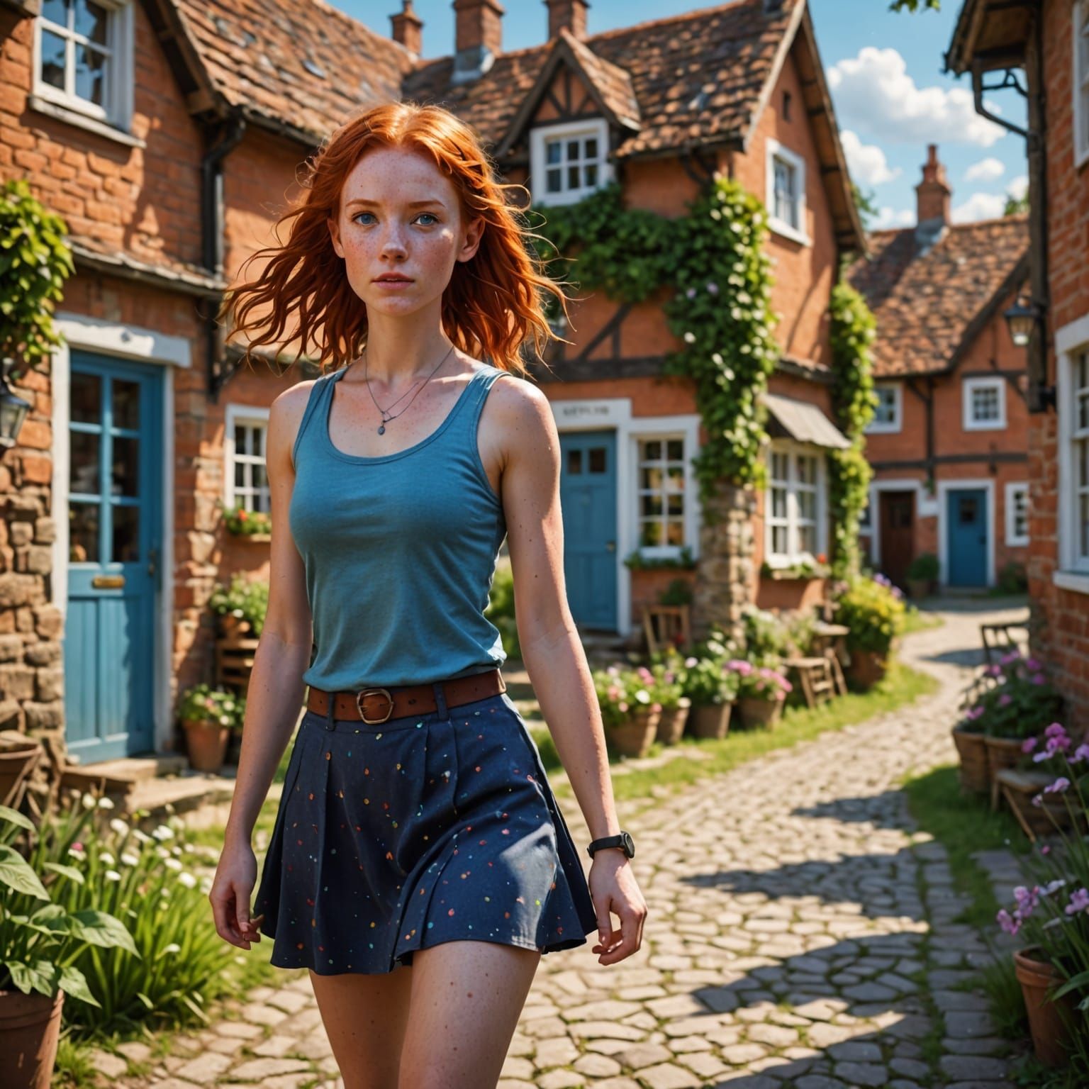 Red-Haired Woman in English Village: DSLR Photography