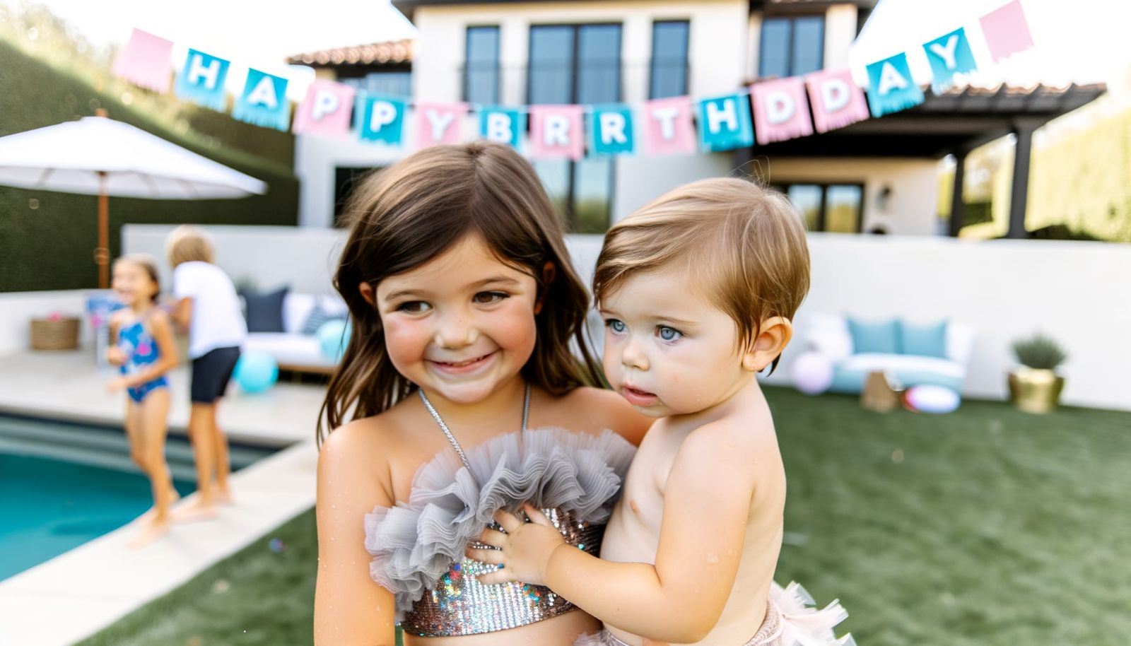 Heartwarming Portrait: Girl with Sibling at Birthday Party