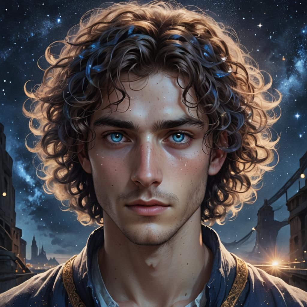 Mystical Man with Heterochromia in Fantasy Cityscape