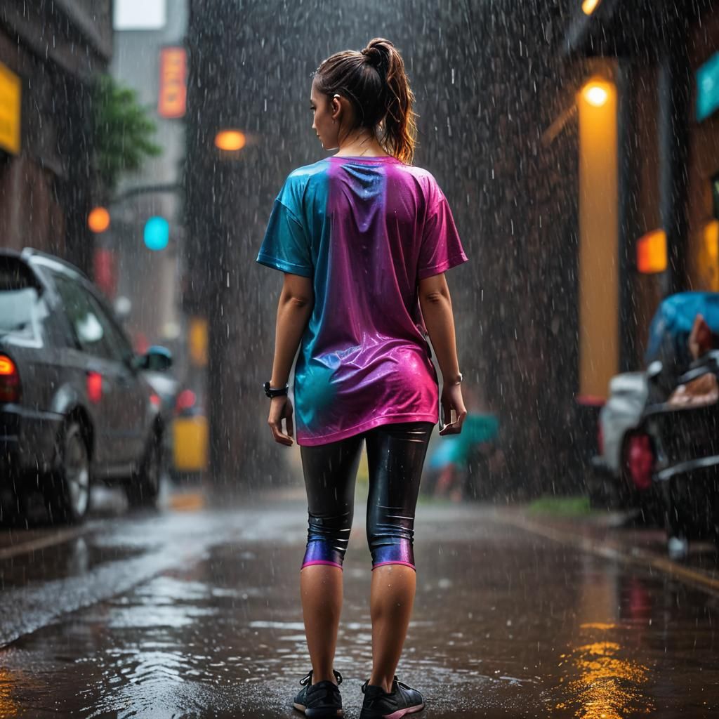 Photorealistic Girl in Rain with Vibrant Colors