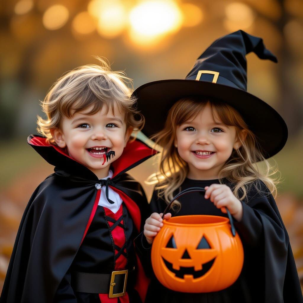 Joyful Toddler Siblings in Halloween Costumes