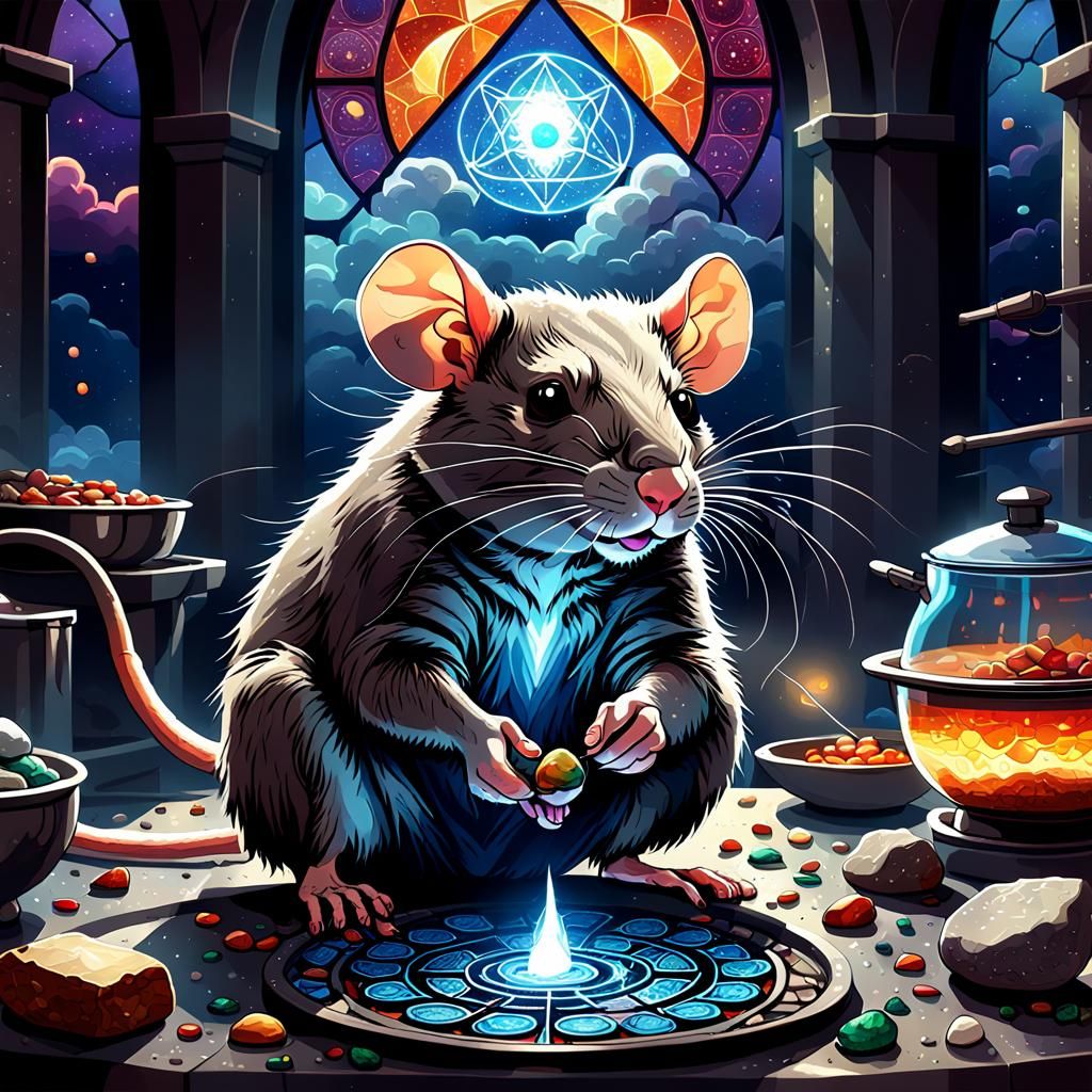 a rat cooking, sparklecore, cover art for card game, cyberneticist, a cloudscape image, 4k resolution, scrupulous detail...