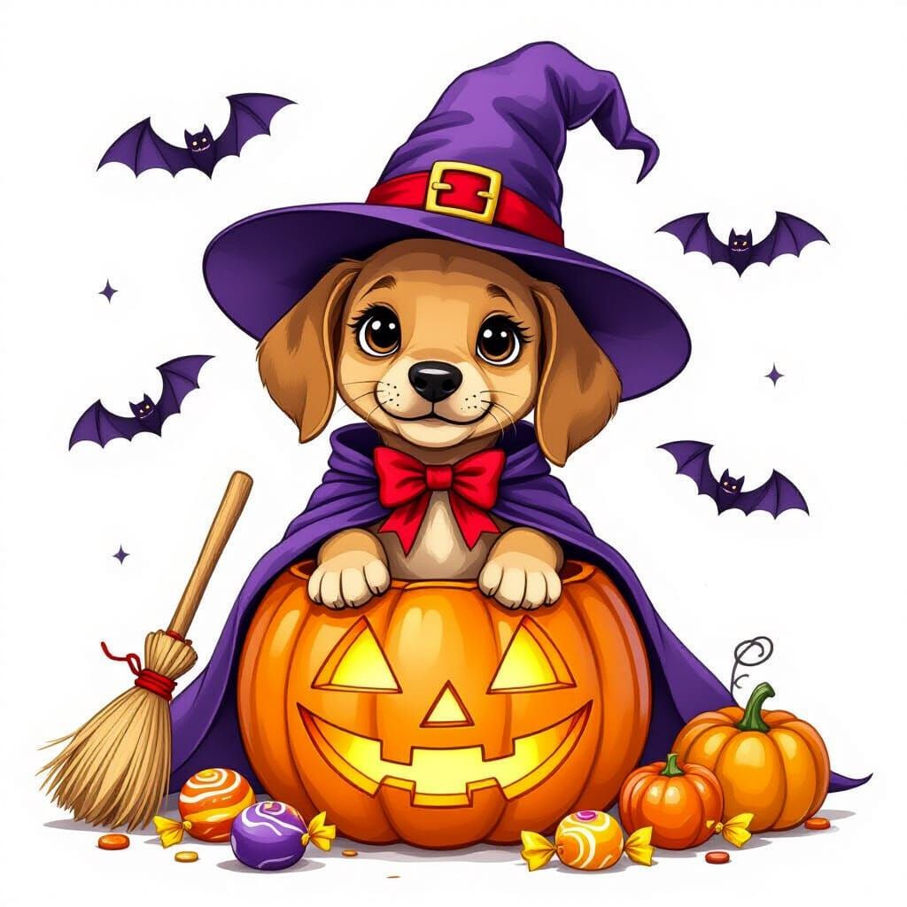 Cute Vizsla Puppy in Witch Hat with Pumpkin
