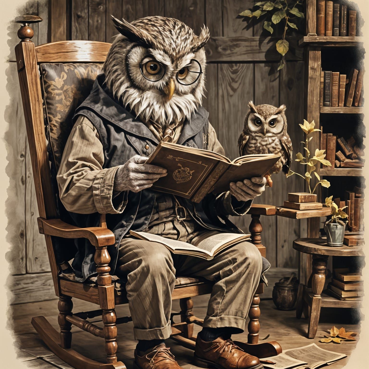 Grandpa Owl Reading to Young Owl
