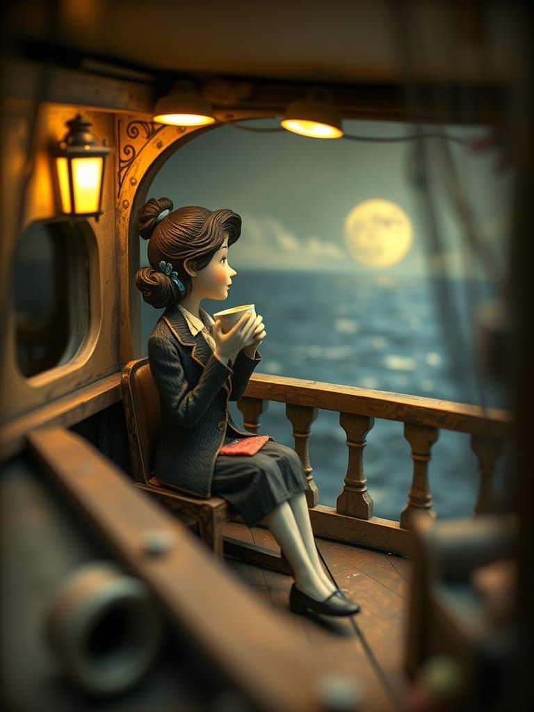 Woman on Boat Deck in Folk Art Style