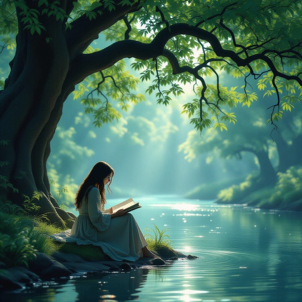 Serene Poet by Riverbank in Moody Forest: Concept Art