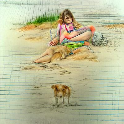 Girl with Dog at the Beach: Pencil Sketch