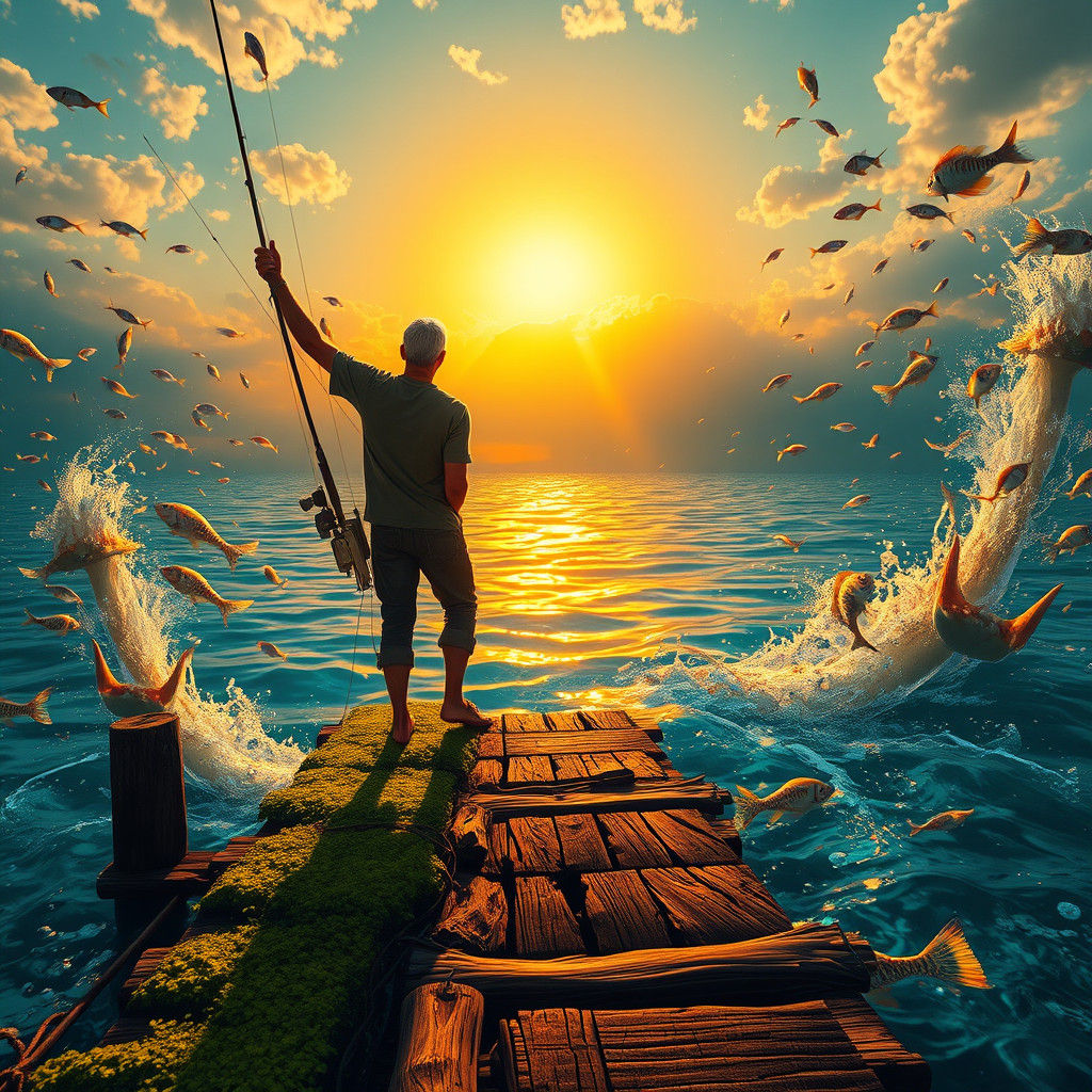 Fisherman's Triumphant Catch in Psychedelic Sunset