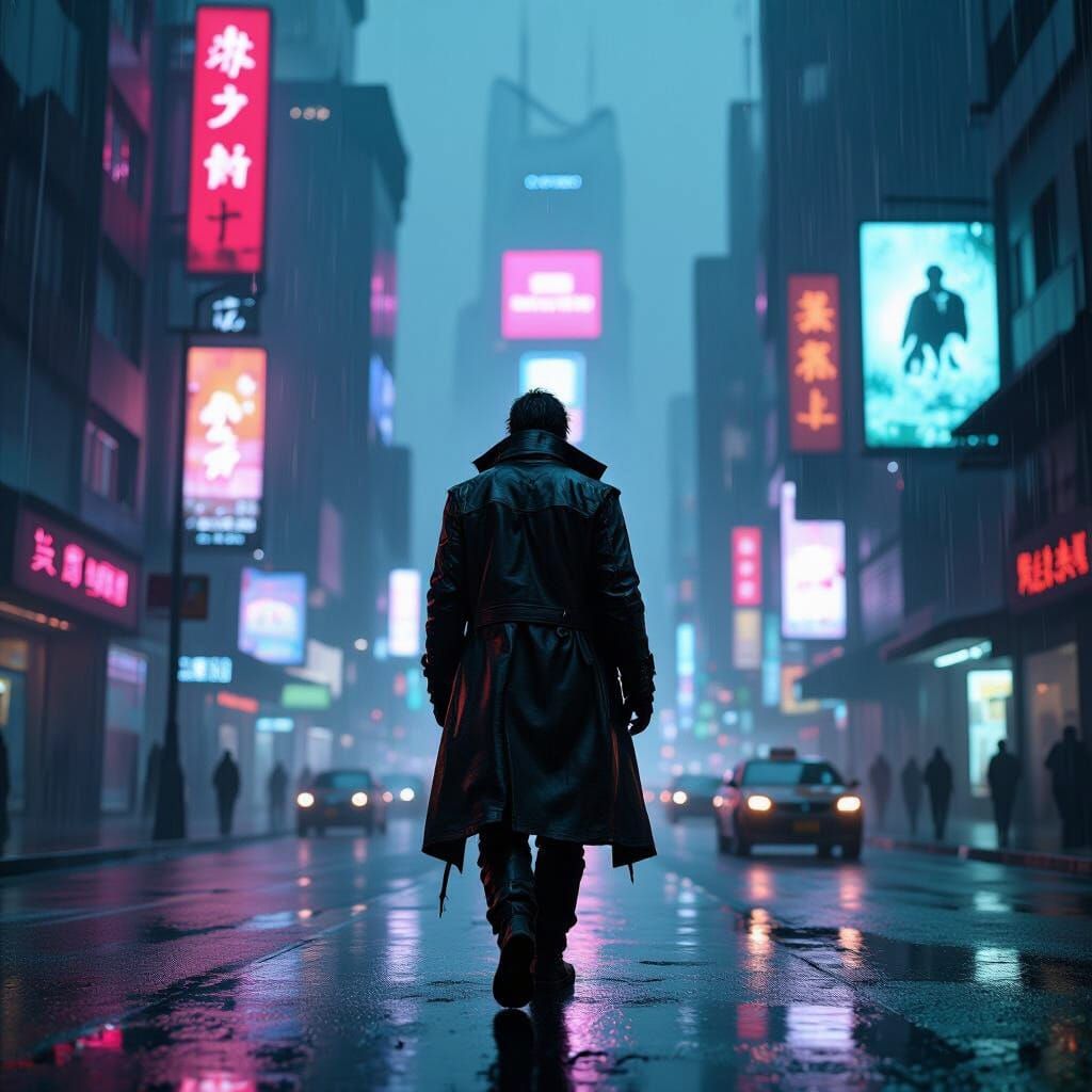 Cyberpunk Wanderer in Neon Cityscape