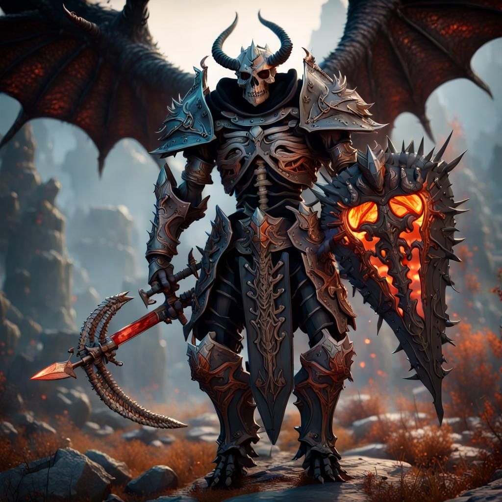 Minotaur Skeleton Knight with Dragon Wings in Dark Fantasy A...