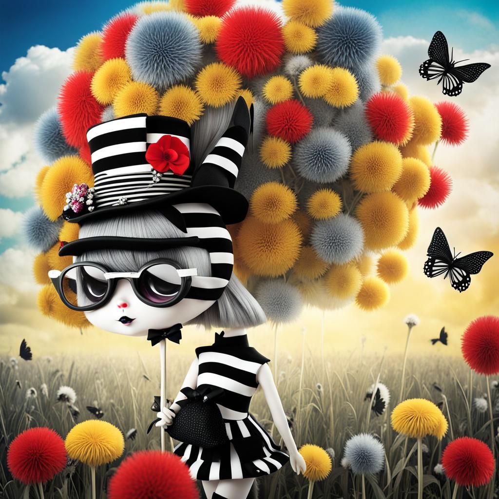Typewriter Chibi 3D Female big eyed  cat girl 
goth  doll , Black and white dandelion field, fairy in black and white st...