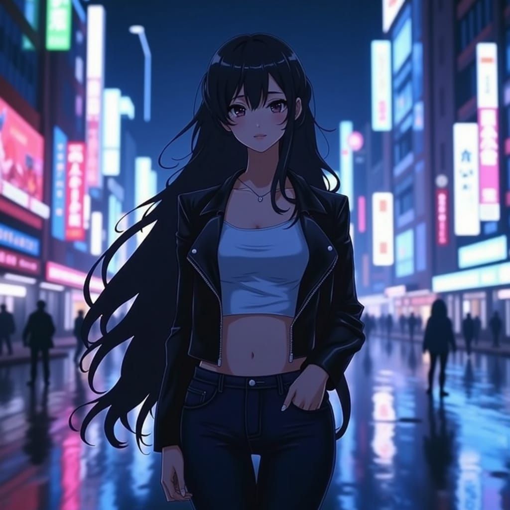 Anime-Style Girl in Urban Nighttime Setting