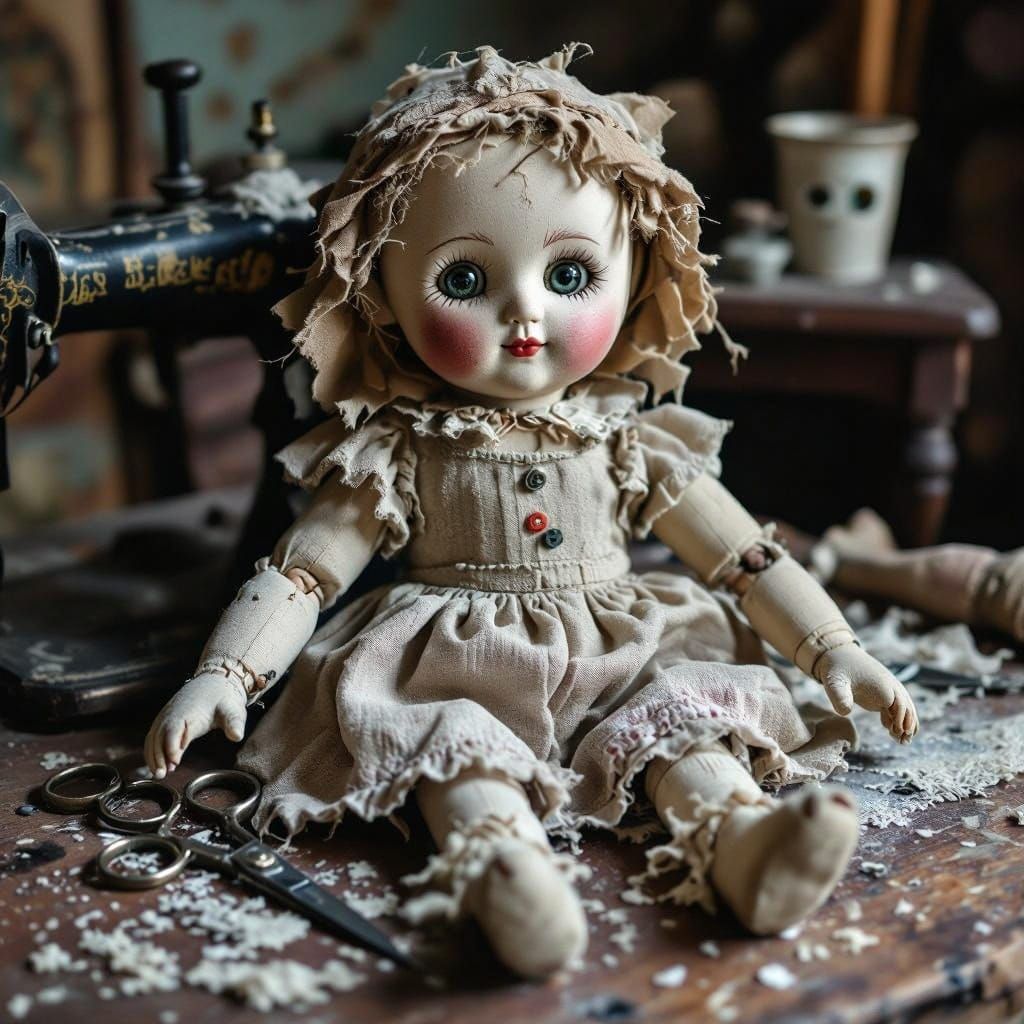 Whimsical Rag Doll Assembled with Antique Sewing Tools