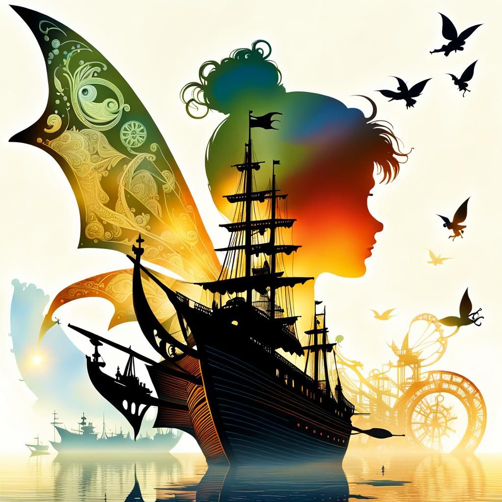 Tinkerbell Silhouette Double Exposure With Pirate Ship