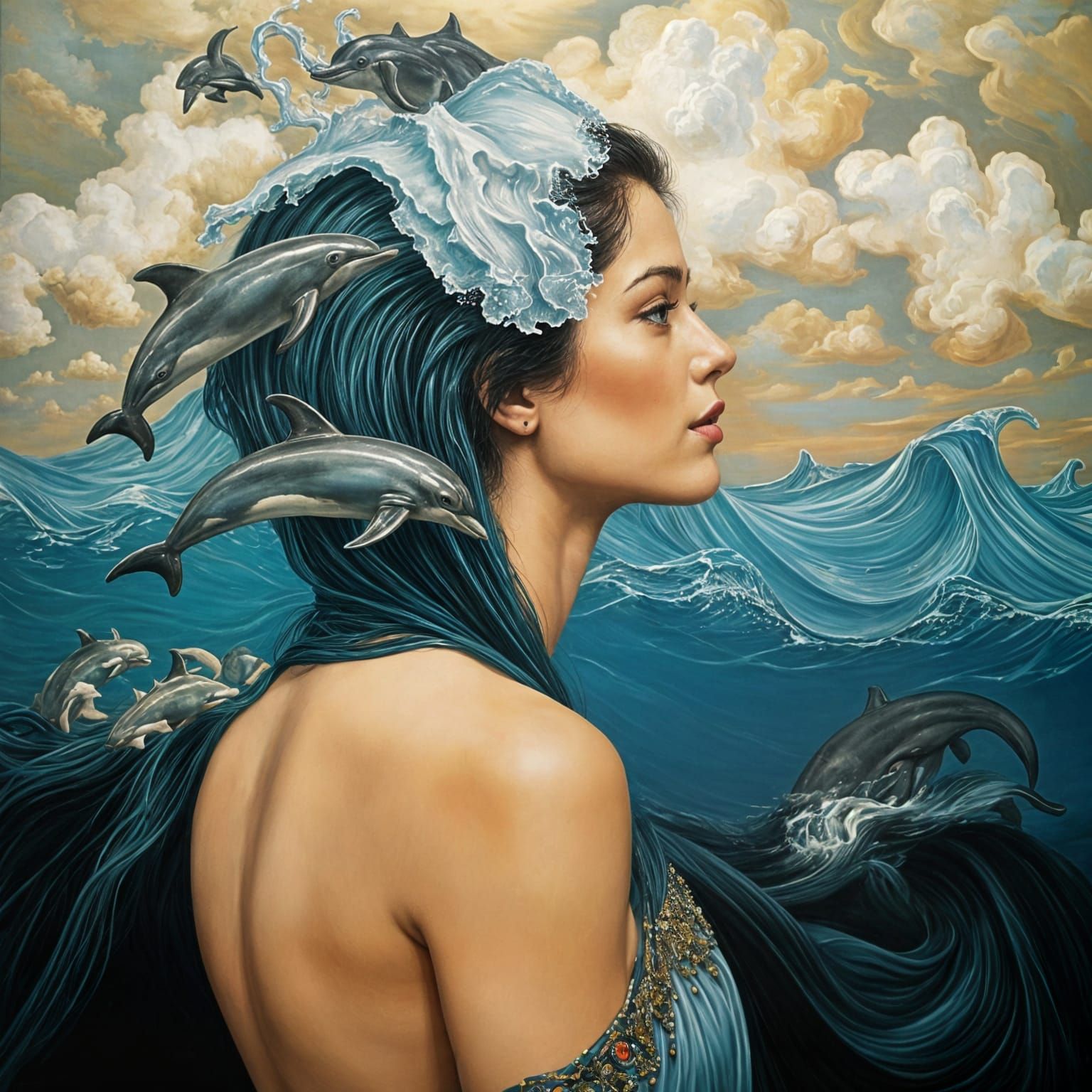 Surreal Woman with Ocean Hair in Dali Style