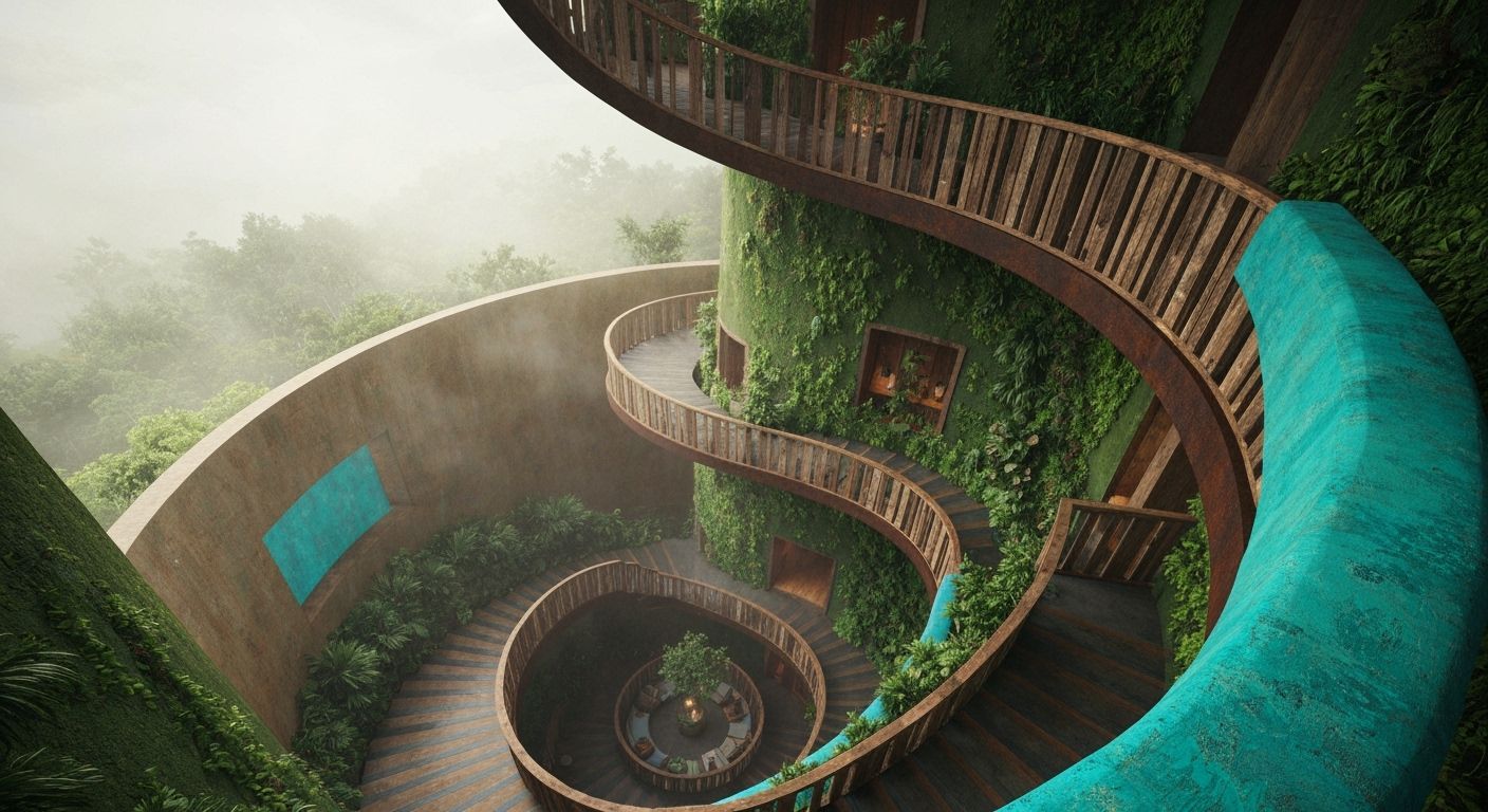 Twisting Spiral Tower with Lush Greenery in Misty Atmosphere