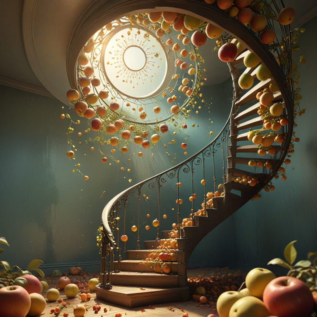 Surreal Whimsy: Golden Staircase Ascends into Dreamy Skies