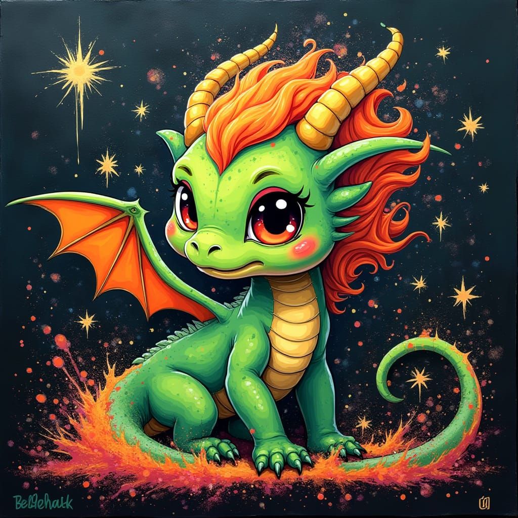 Neon Graffiti Dragon with Witchy Symbols