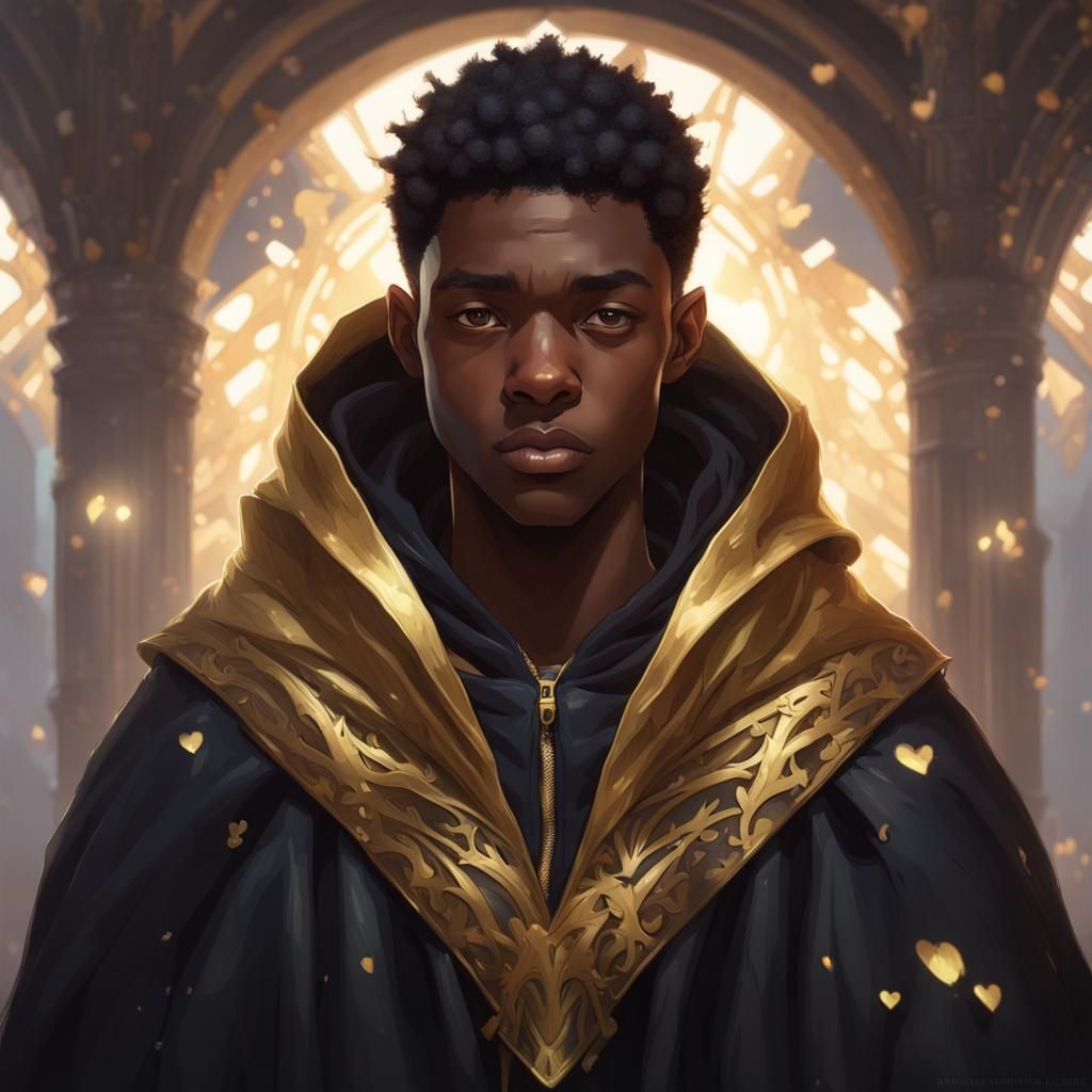 Boy in Black and Gold Cloak, Detailed Portrait