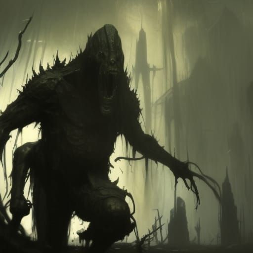 Alligator Man in Humid Bog: Dark Fantasy Art