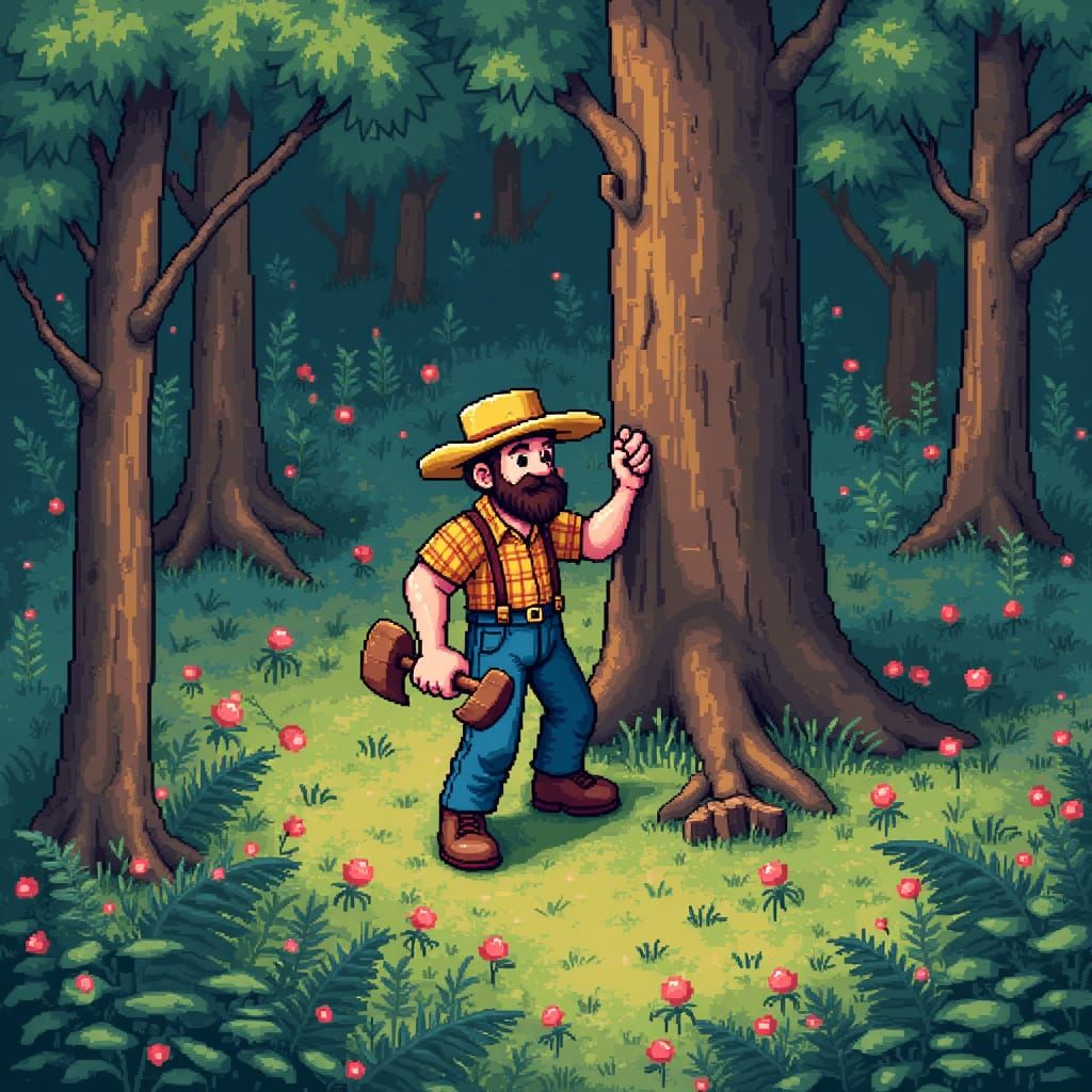 Lumberjack's Whimsical Forest Adventure in Pixel Art