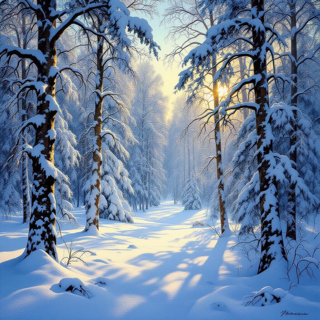 Enchanted Winter Forest in Golden Light