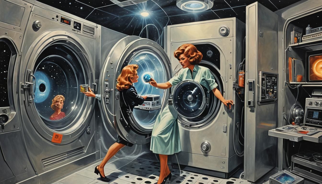 Retro Sci-Fi Teleportation in Cosmic Pulp Art Style